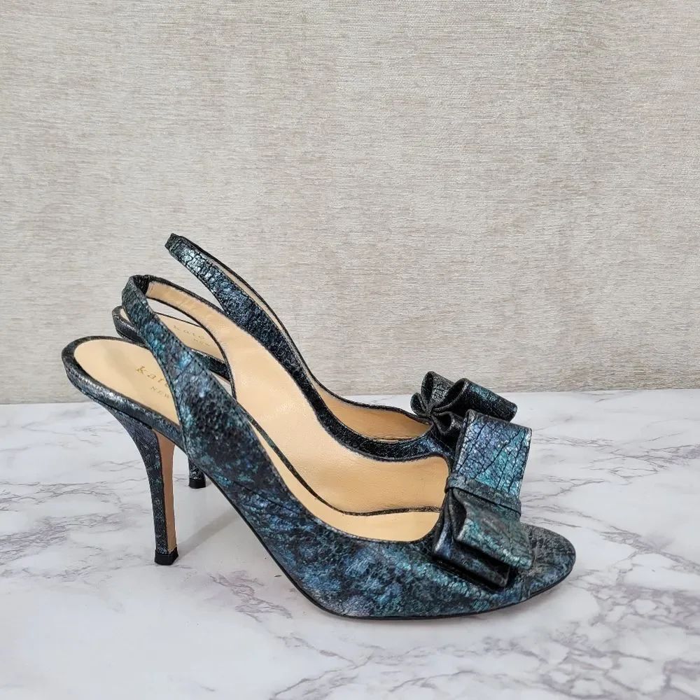Kate Spade Leather Metallic Teal Silver Black Slingback Heels Bow Open Peep Toe